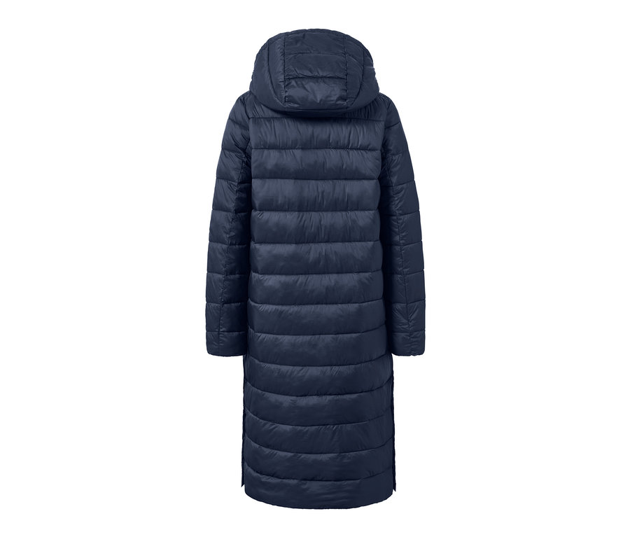 Dunkelblauer Steppmantel mit Kapuze von hinten.