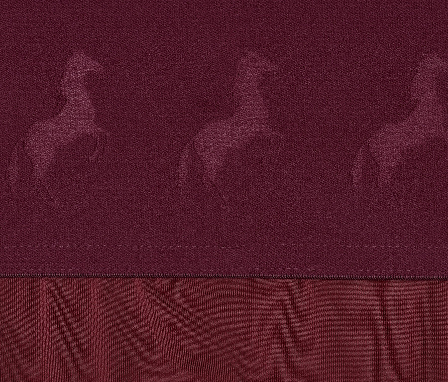 Detailaufnahme der roten Kinder-Grip-Vollbesatz-Reittight mit Pferdebildern.