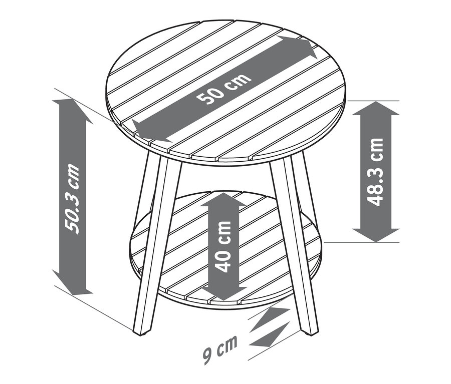 Abmessungen des grauen Beistelltischs »Leira« mit 2 Ebenen: Höhe 50,3 cm, Breite 50 cm, Tiefe 40 cm, Beinhöhe 9 cm.