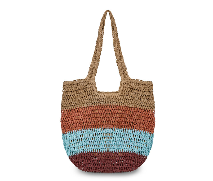 Gestreifter Bast-Shopper in Braun-, Rot- und Blautönen.