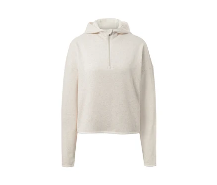 Beiger Sweatpullover mit Kapuze und Reissverschluss.