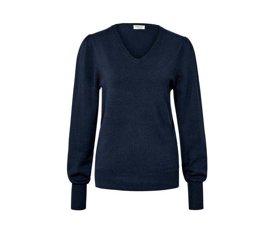 Dunkelblauer Feinstrickpullover mit langen Ärmeln und V-Ausschnitt.