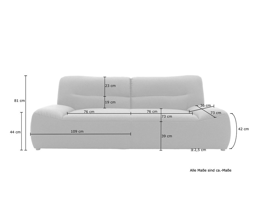 Abmessungen des anthrazitfarbenen DOMO collection 3-Sitzer-Sessels »Cesena«.