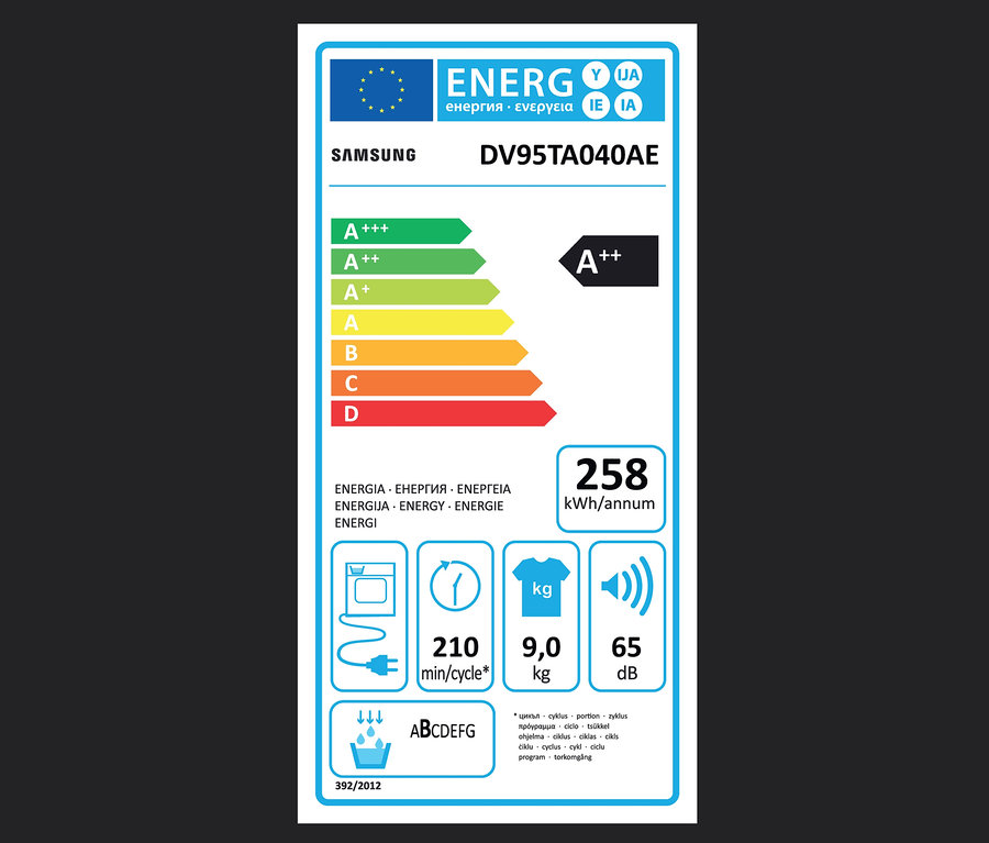 Energielabel des Samsung Wärmepumpentrockners DV9ETA040AE/EG, A++ (von A+++ bis D), 9 kg.