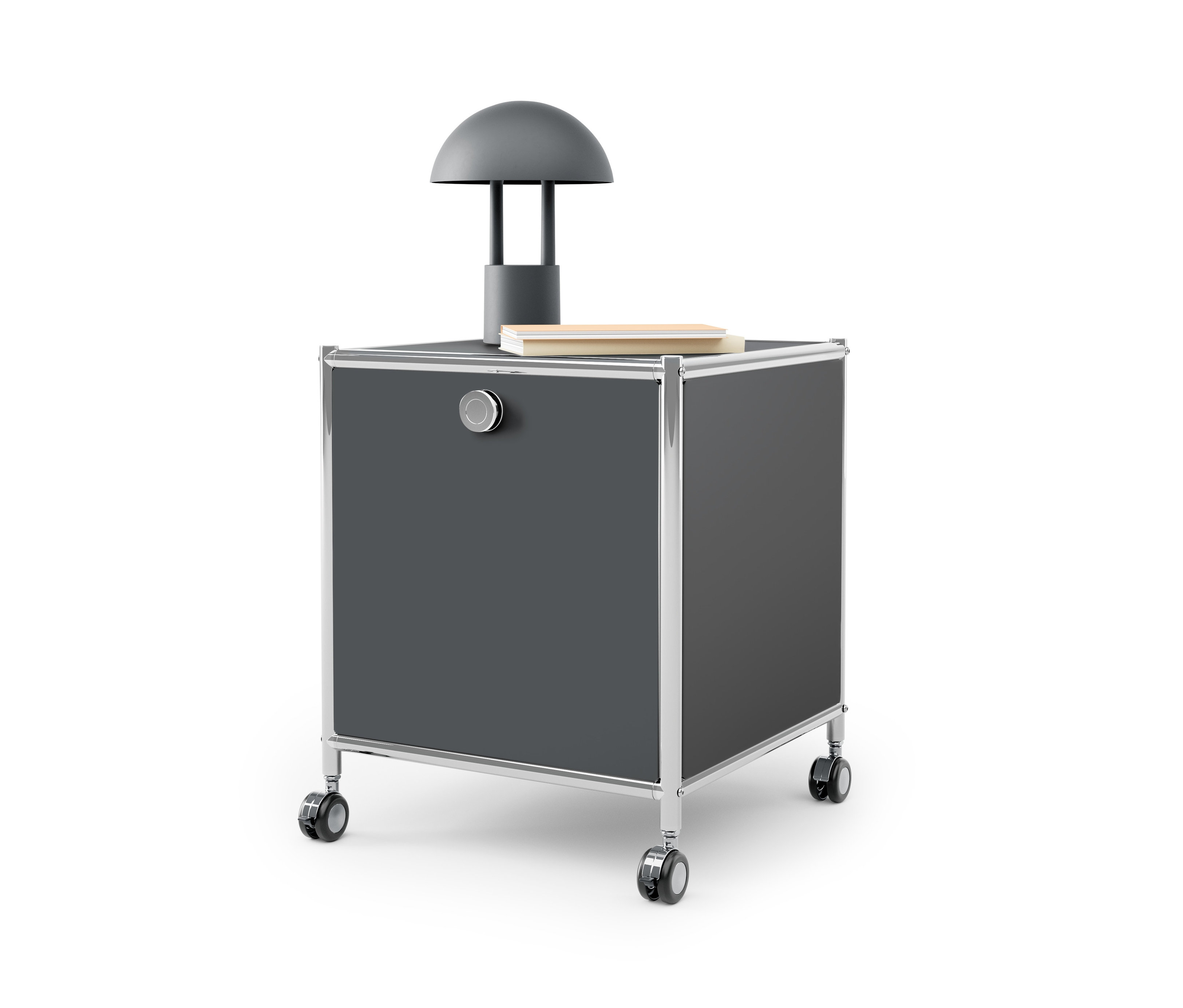 Grauer Beistelltisch mit Schublade Metall »CN3« mit Lampe auf der Oberseite.