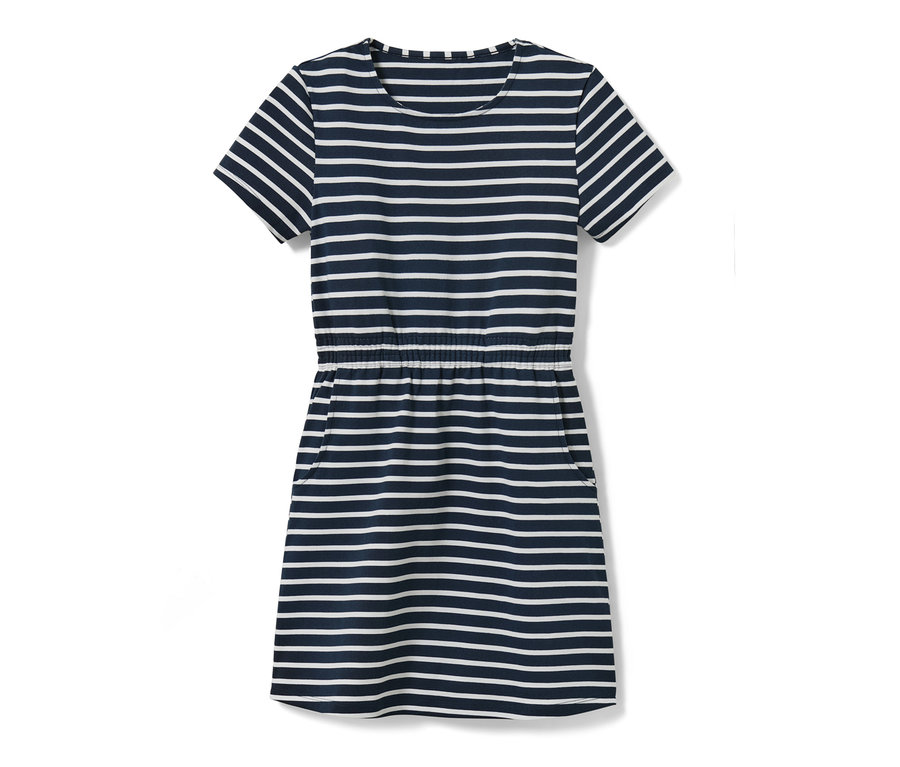 Gestreiftes Kinder-Jerseykleid mit kurzen Ärmeln.