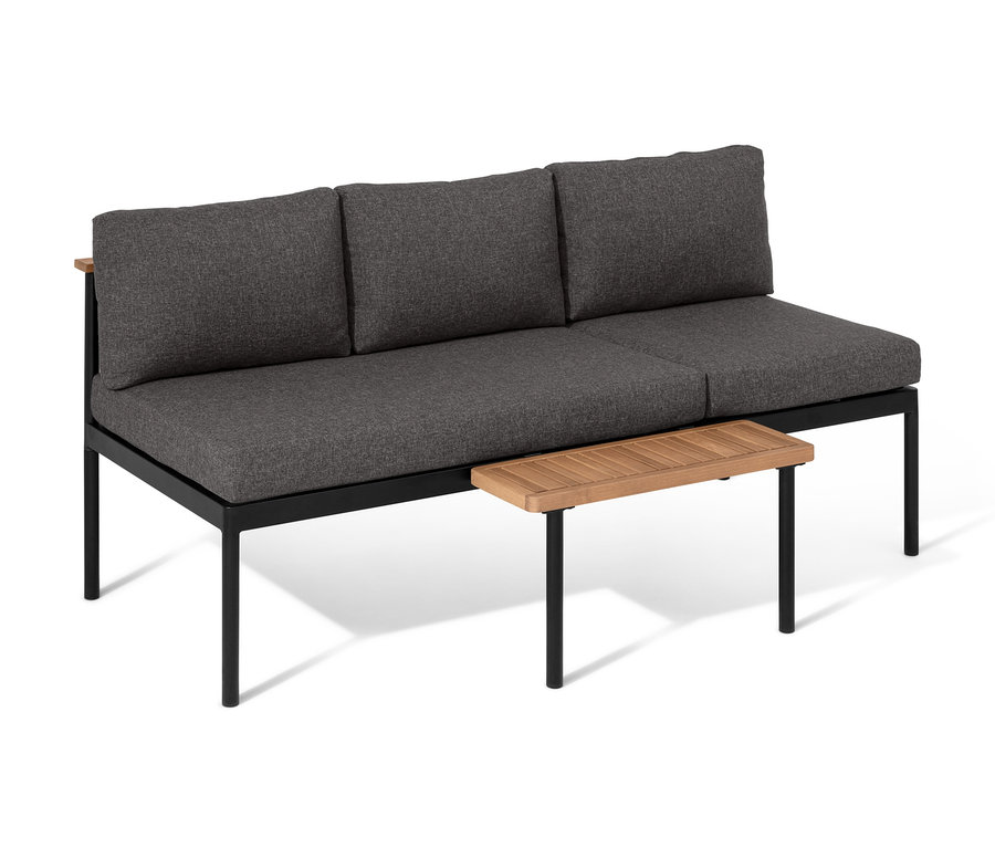 Graues 2-in-1-Sofa-Liege »Elin« mit schwarzem Gestell und hölzernem Beistelltisch.
