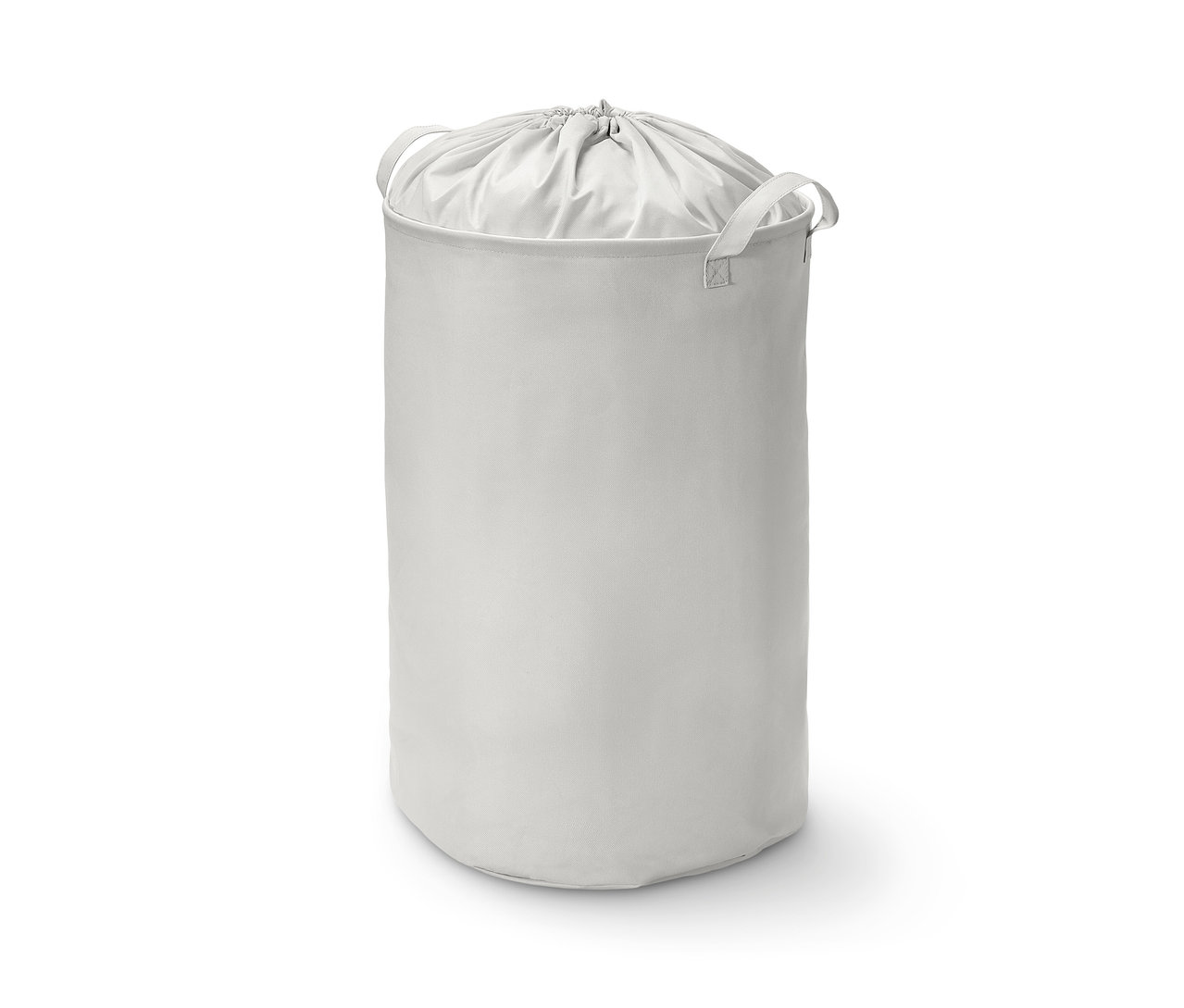 Ein weißer Wäschesammler mit Kordelzug.