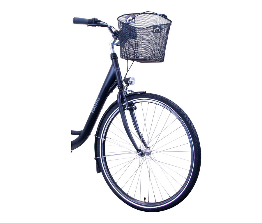 Nahaufnahme eines schwarzgrauen HAWK Bikes City Wave Premium Plus Fahrrads mit Weidenkorb.