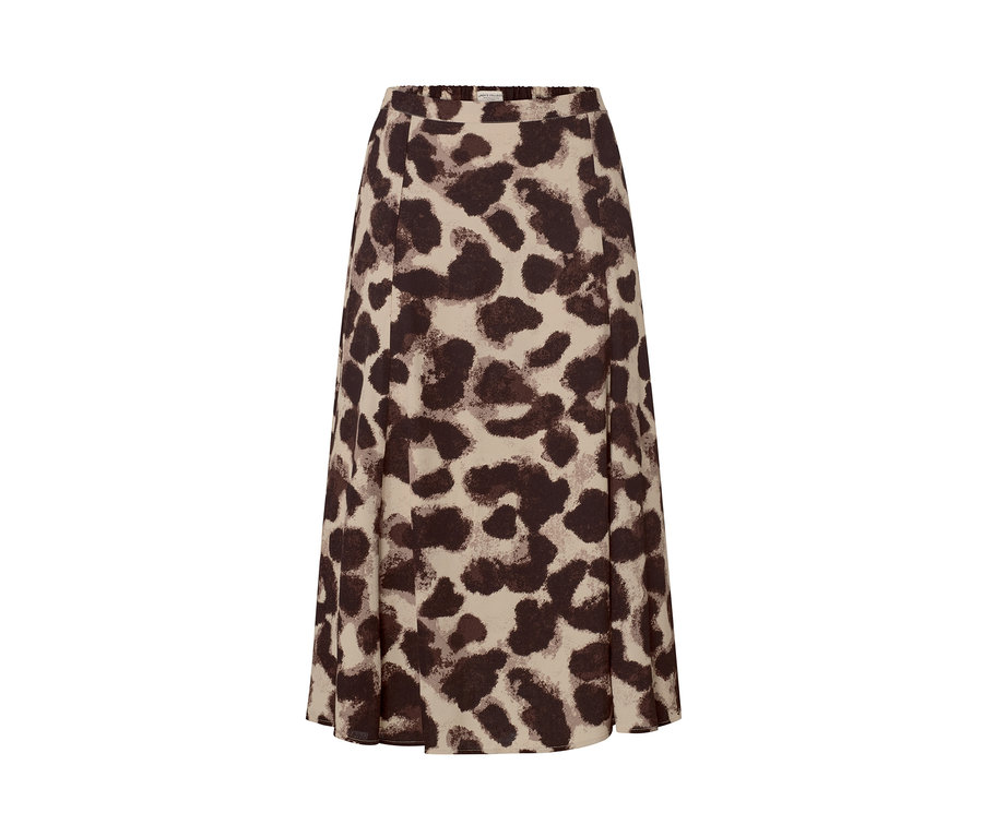 Ein bedruckter Midirock mit braunem Tiermuster auf beigem Grund.