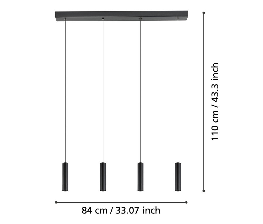 Vier schwarze zylindrische Pendelleuchten hängen von einer rechteckigen Basis, die Maße sind in Zentimetern und Zoll angegeben. Eglo Pendelleuchte »Almudaina«