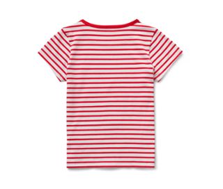 Rückansicht eines rot-weiß gestreiften Kinder-T-Shirts. Es ist eines von zwei Kinder-T-Shirts mit Applikation.