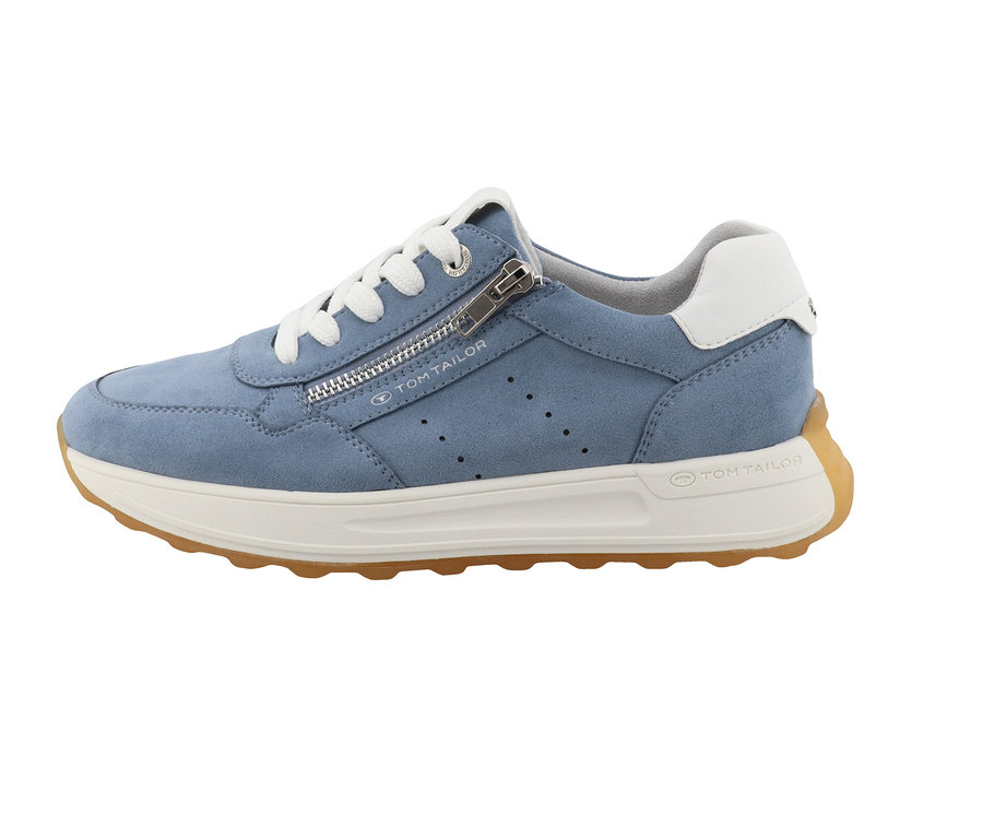Blauer Tom Tailor Sneaker aus Textil/PU mit weißer Sohle und weißen Schnürsenkeln.