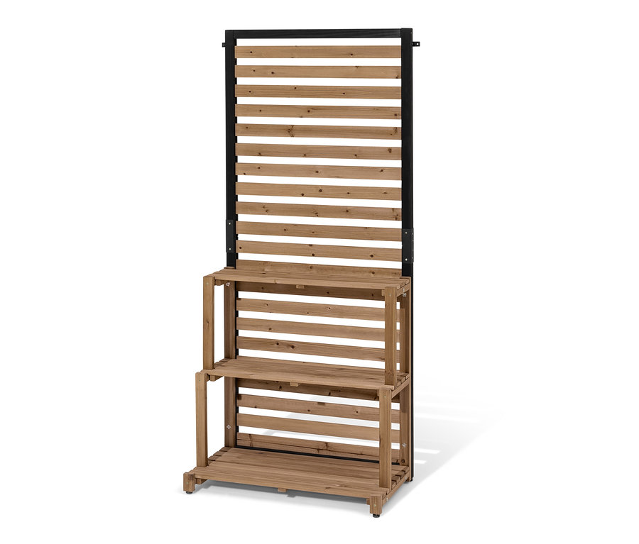 Sichtschutz-Regal-Modul »Elin« aus braunem Holz mit schwarzem Rahmen.