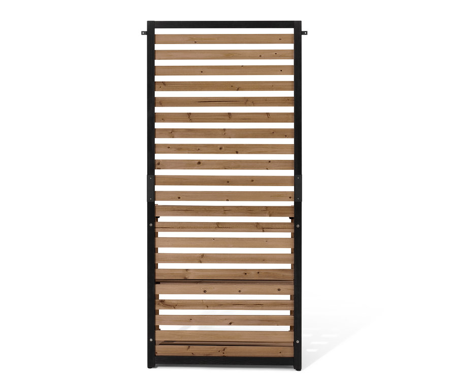 Ein Sichtschutz-Regal-Modul »Elin« mit Holzlatten und schwarzem Rahmen.