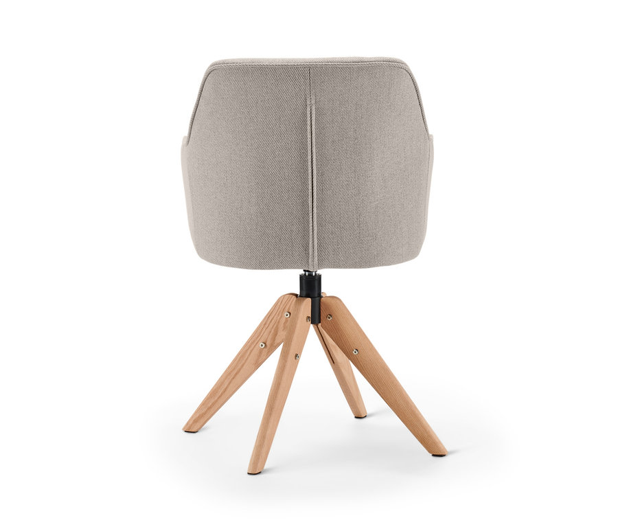 Rückansicht eines drehbaren Esszimmerstuhls mit grauem Sitz und Holzbeinen.