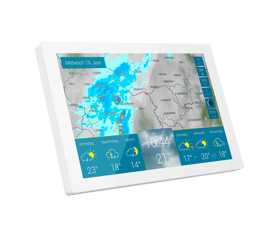 Auf dem Bildschirm wird eine Wettervorhersage angezeigt. Premium-WLAN-Wetterstation mit HD-Display und WetterRadar von WetterOnline.