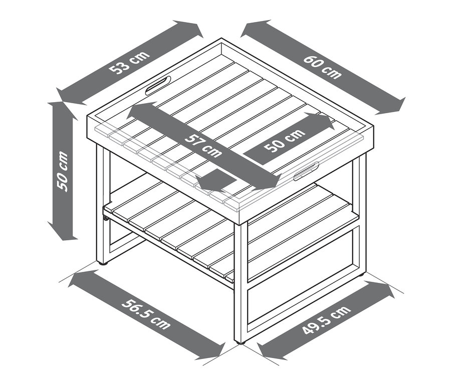 Abbildung eines Couchtisches mit abnehmbarer Tablett-Tischplatte und Maßangaben.