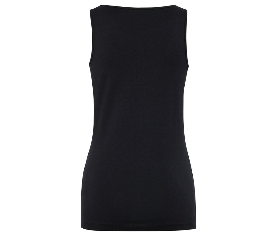 Detail der Rückseite eines schwarzen Tanktops mit eckigem Ausschnitt.