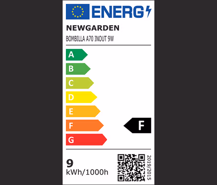 Energielabel für Newgarden Bombilla A70 INOUT 9W Lampe, Klasse F, Verbrauch 9 kWh/1000h.