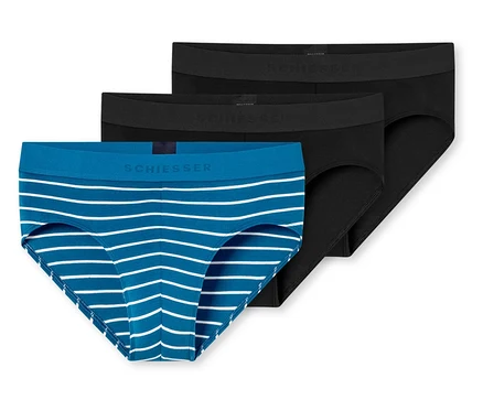 Drei SCHIESSER Rio-Slips, einer blau-weiß gestreift, zwei schwarz.