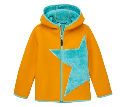 Die JAKO-O Kuschelfleecejacke, safran ist eine Fleecejacke mit Kapuze und einem hellblauen Stern auf der Vorderseite.