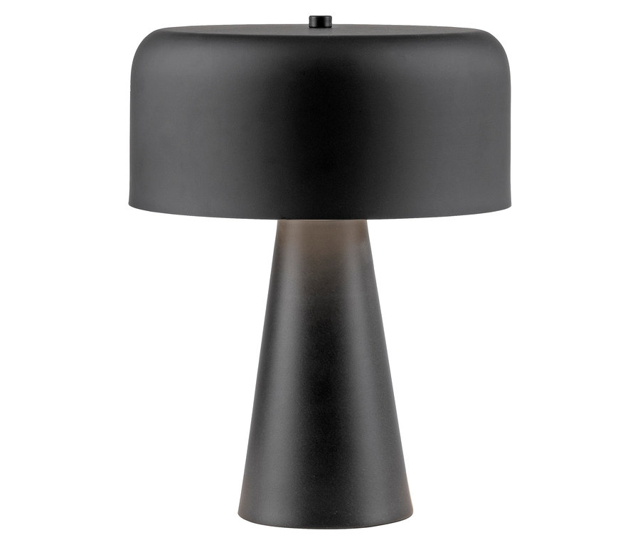 Eine schwarze Tischlampe mit einem kegelförmigen Fuß und einem zylindrischen Lampenschirm.