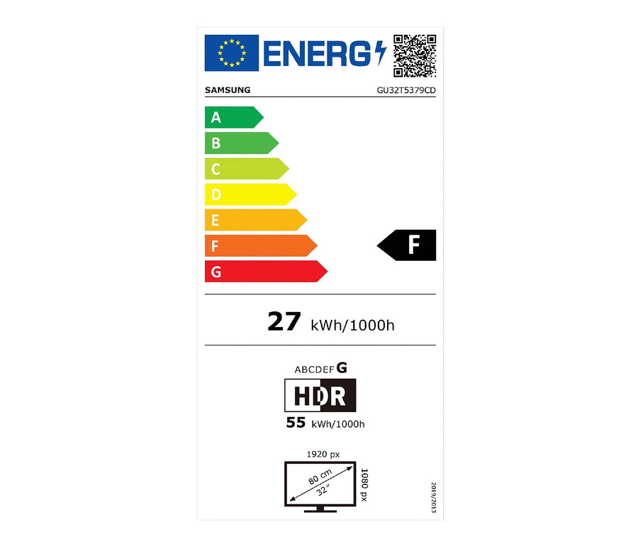 Energielabel des Fernsehers zeigt Energieeffizienzklasse F. Samsung GU32T5379CDXZG 32-Zoll-Full-HD-TV.