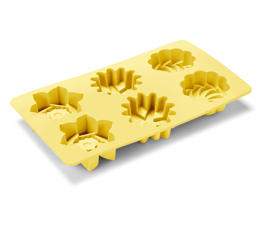 Gelbe Silikon-Eiswürfelform mit sechs verschiedenen Blumenformen.