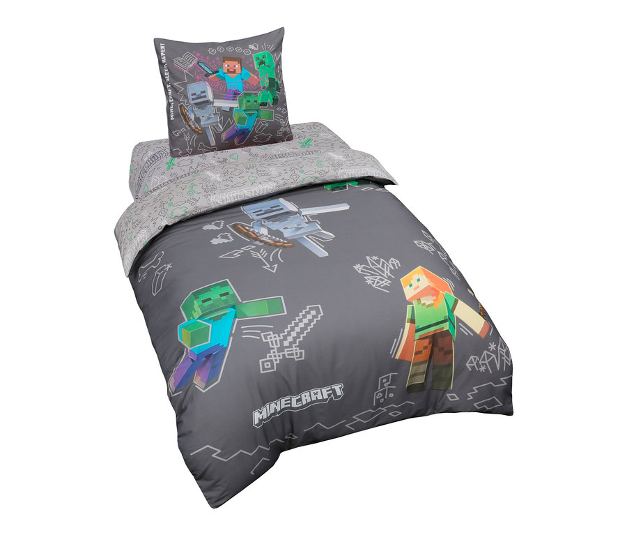 Minecraft Wendebettwäsche mit grauem Bezug und Kissen.
