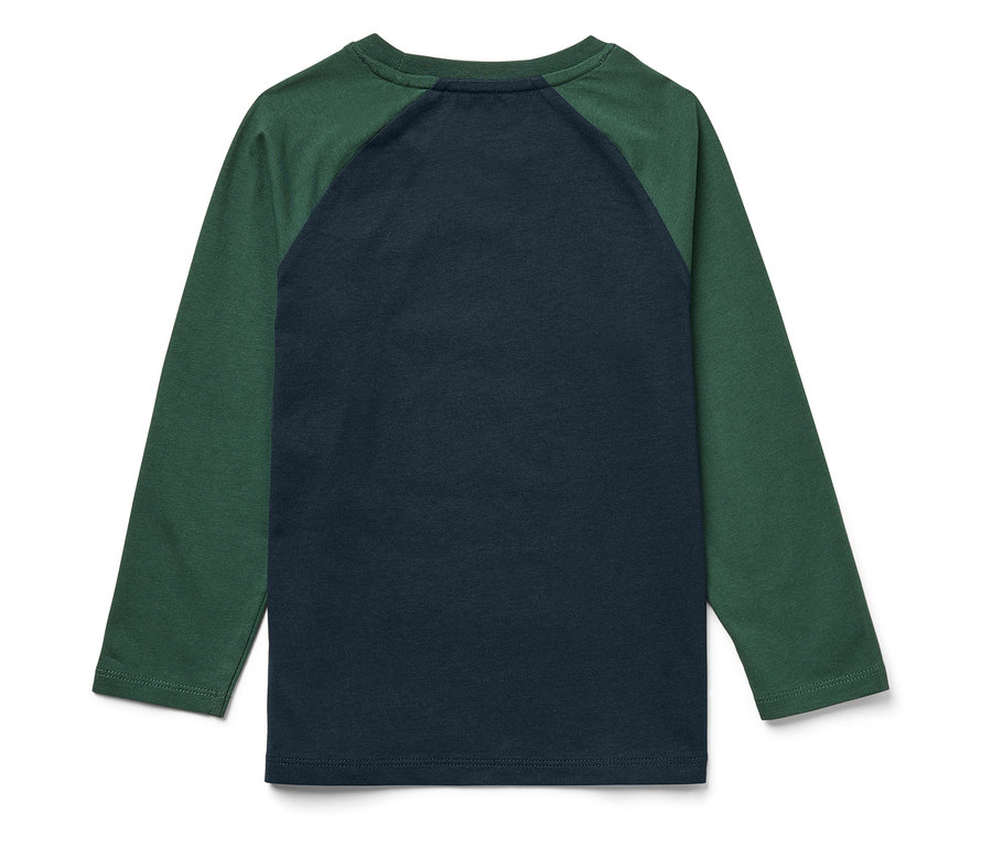 Rückseite eines blaugrünen Langarmshirts.