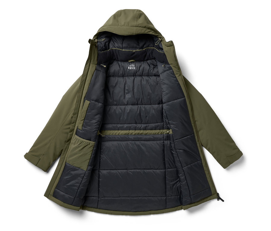 Grüne Winterjacke mit Kapuze und schwarzem Steppfutter, offen und von innen gezeigt.