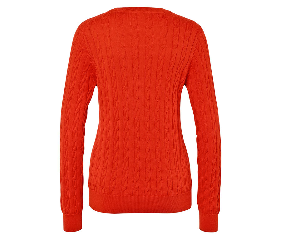 Rückansicht eines orangefarbenen Strickpullovers mit langen Ärmeln.