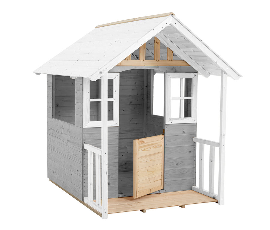 Graues und weißes Holzspielhaus »Valli« mit offener Tür.