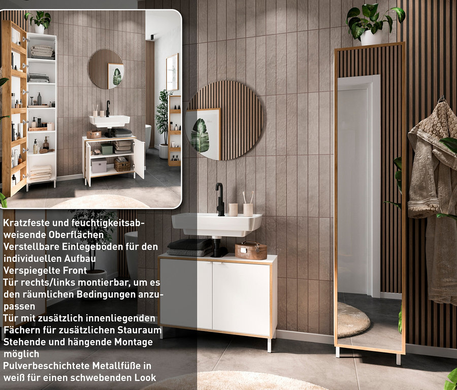 Badezimmer mit Waschbecken, Spiegel und Hochschrank »Namsos 5002«.