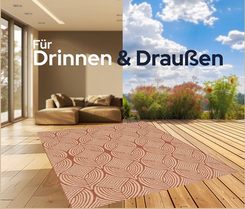 Teppich »Eldorado«, desert bloom, liegt auf Holzboden zwischen Innen- und Außenbereich.