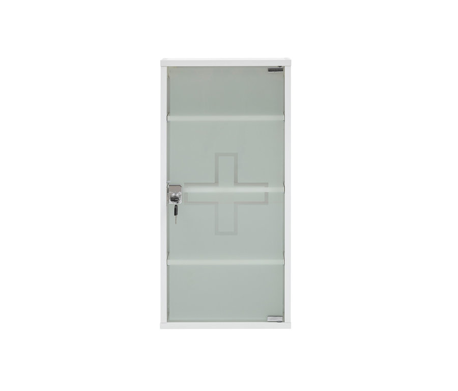 Weißer Medikamentenschrank, 1-türig, mit einem Kreuz auf der Tür.