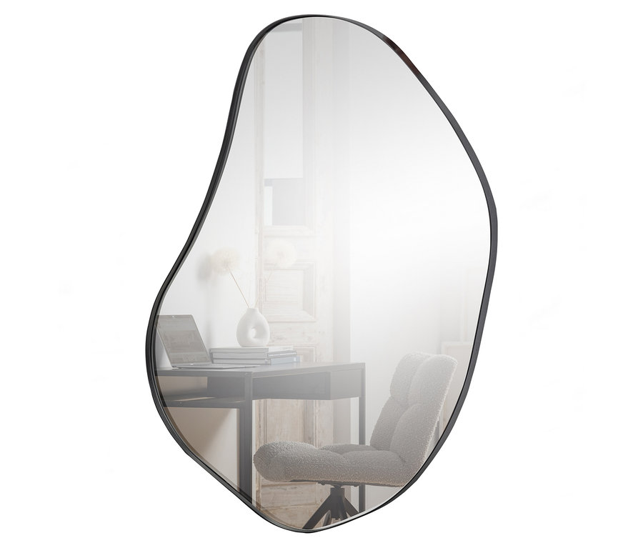 Der Woood Spiegel »Romee«, ca. 70 x 100 cm, spiegelt einen Tisch mit Laptop, Büchern, Vase und einen Stuhl.