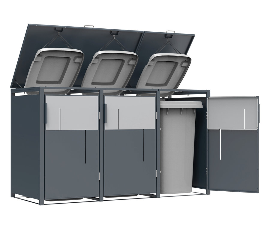Grauer Drei-Kammer-Mülleimer mit geöffneten Deckeln und Behälter im Inneren.