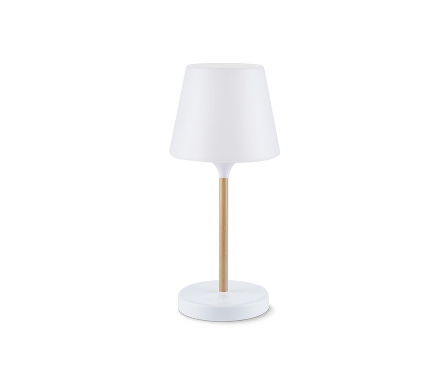 Eine LED-Akku-Tischleuchte in Holzoptik.