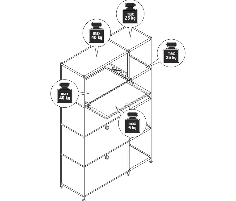Illustration eines Metallregals »CN3« mit 4 Klappenfächern, wobei die Fächer teilweise geöffnet sind.