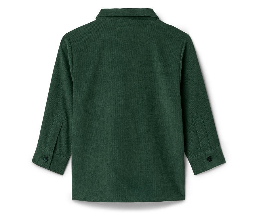 Rückansicht eines grünen Cordhemdes mit langen Ärmeln.