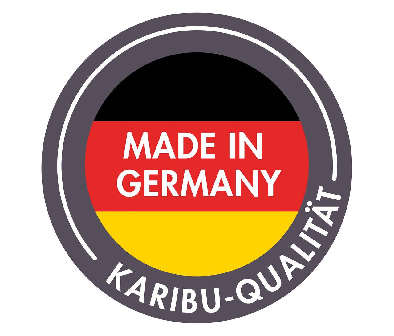 Rundes Logo mit deutscher Flagge, "MADE IN GERMANY" Schriftzug und "KARIBU-QUALITÄT".