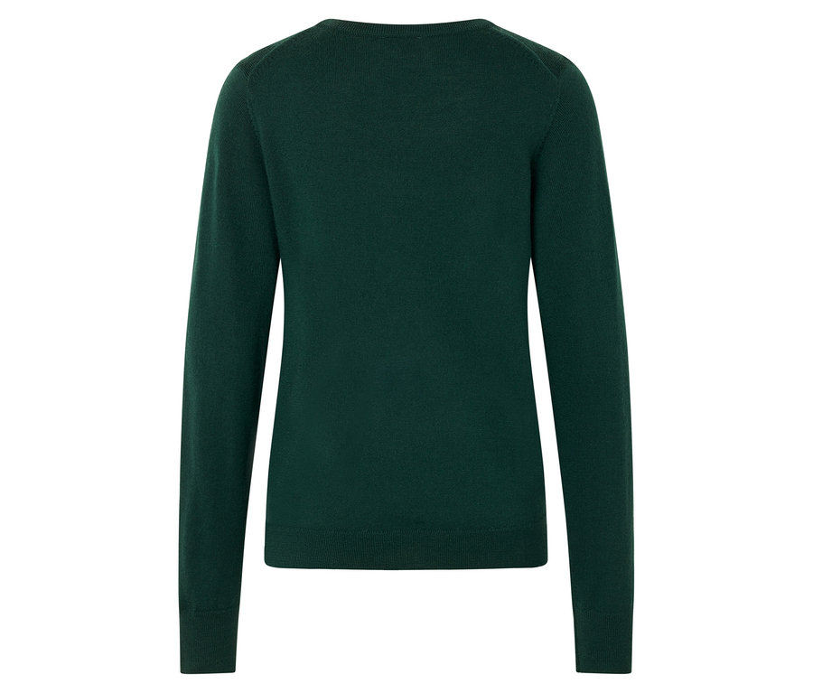 Rückansicht eines grünen, langärmeligen Pullovers mit Rundhalsausschnitt.