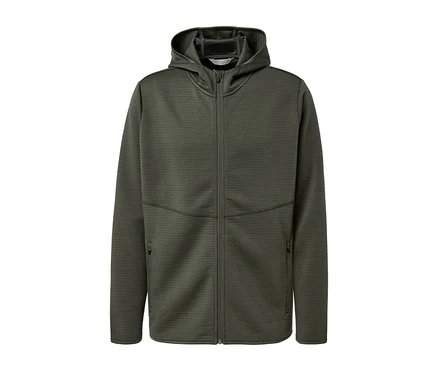 Khakifarbene Funktionsjacke mit Reißverschluss und Kapuze.