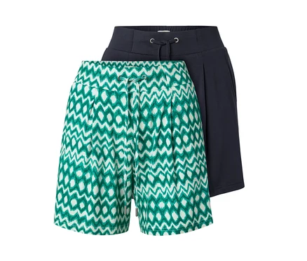 Zwei Jerseyshorts, eine grün-weiß gemustert, die andere dunkelblau.