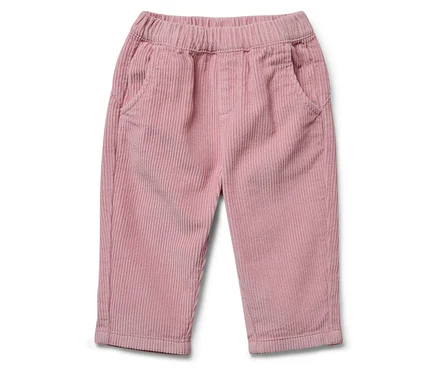 Rosa Cordhose mit Gummibund und Taschen.
