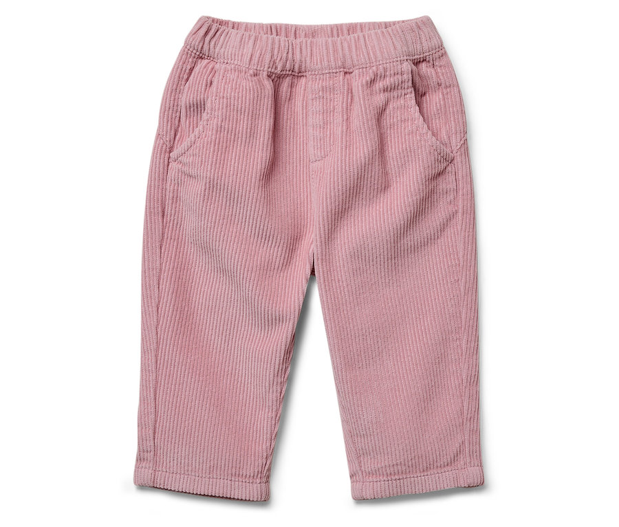Rosa Cordhose mit Gummibund und Taschen.