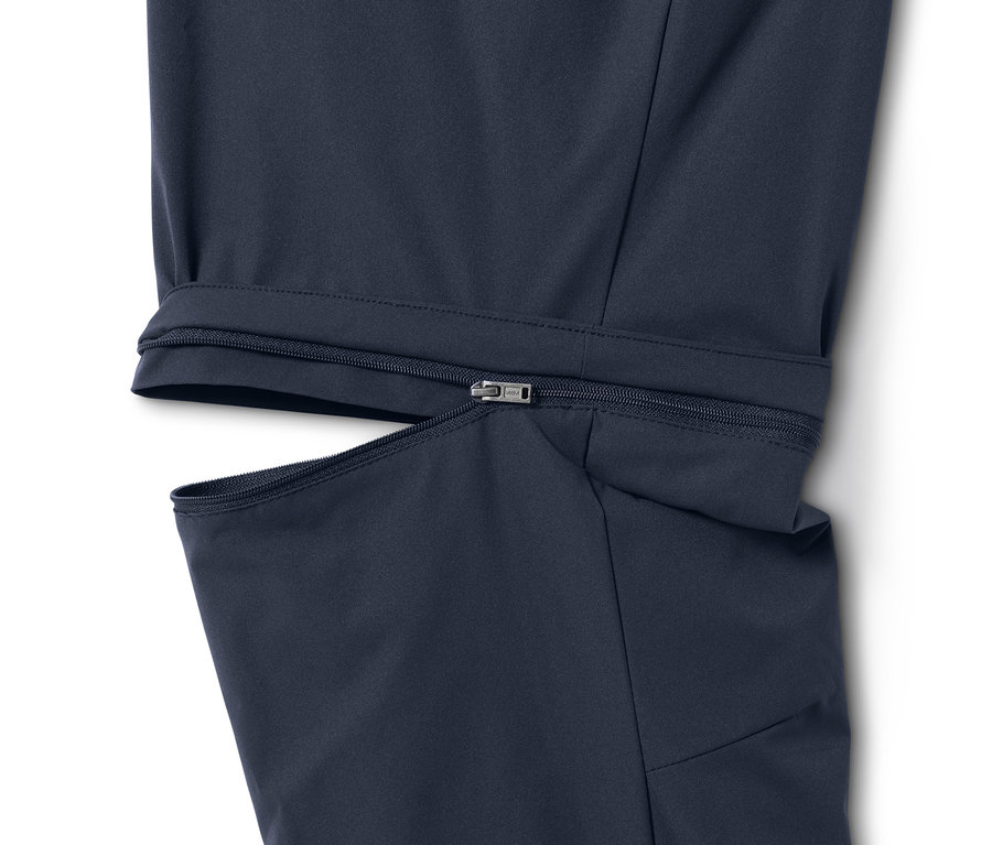 Detailaufnahme einer dunkelblauen 2-in-1-Funktionshose mit Reißverschluss.