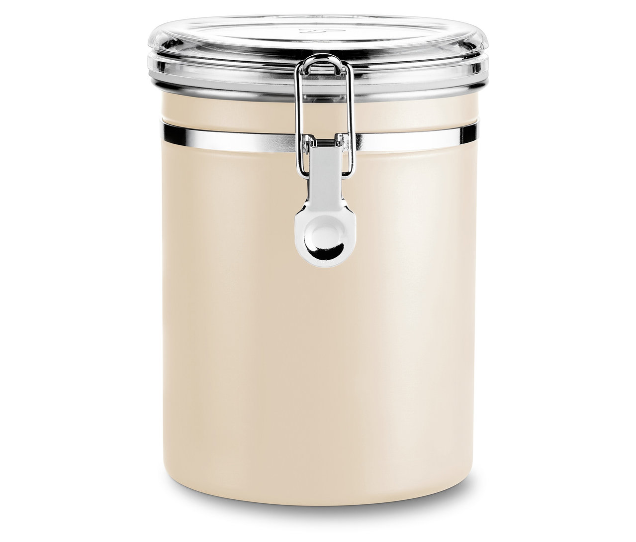 Eine Aromadose in Friendly Beige mit silberfarbenem Verschluss steht vor einem weißen Hintergrund.